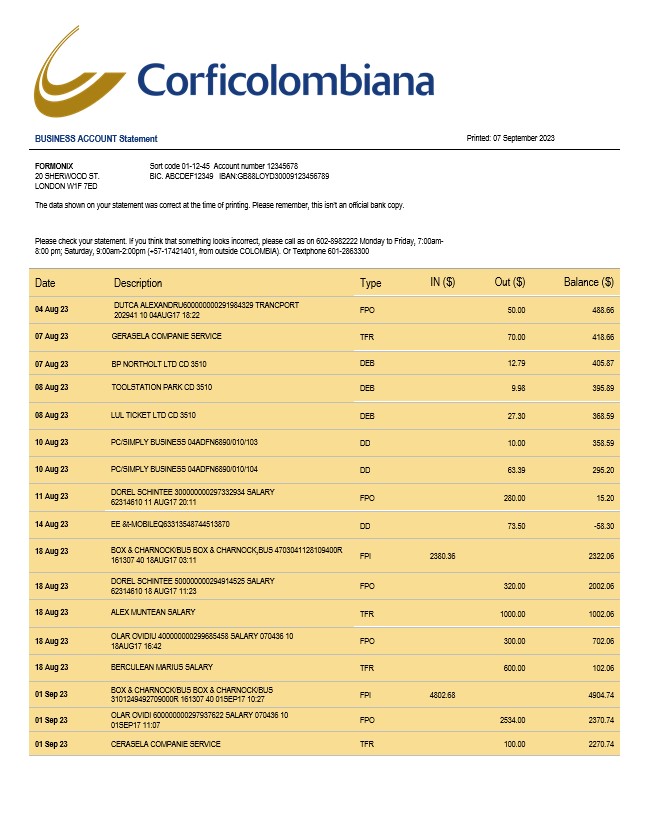 Modèle Word et PDF de relevé de compte courant d'entreprise de la Corficolombiana Bank